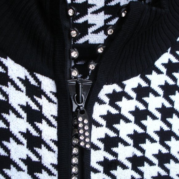 Belldini Houndstooth Rhinestone Zipr Cardi Sweater - Picture 2 of 3